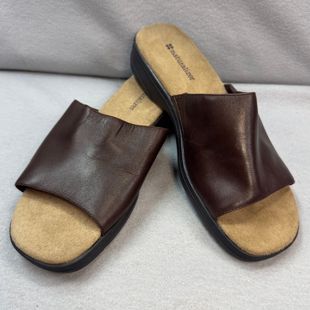 90s Y2K Naturalizer Chunky Slide Mule Sandals Womens Brown Leather Comfort